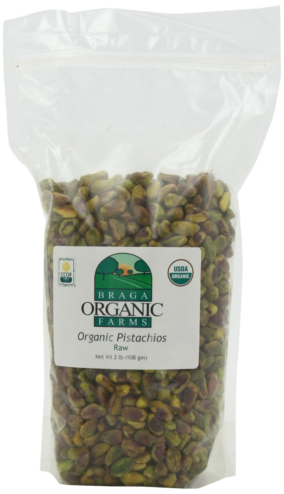 Braga Organic Farms pistachios 2 lb bag, raw kernels, ideal for snacking.