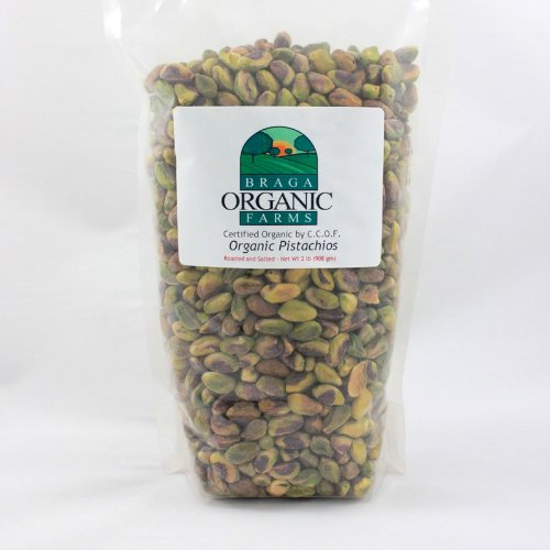 Braga Organic Farms pistachios kernels, roasted and salted, ideal for snacking and toppings.