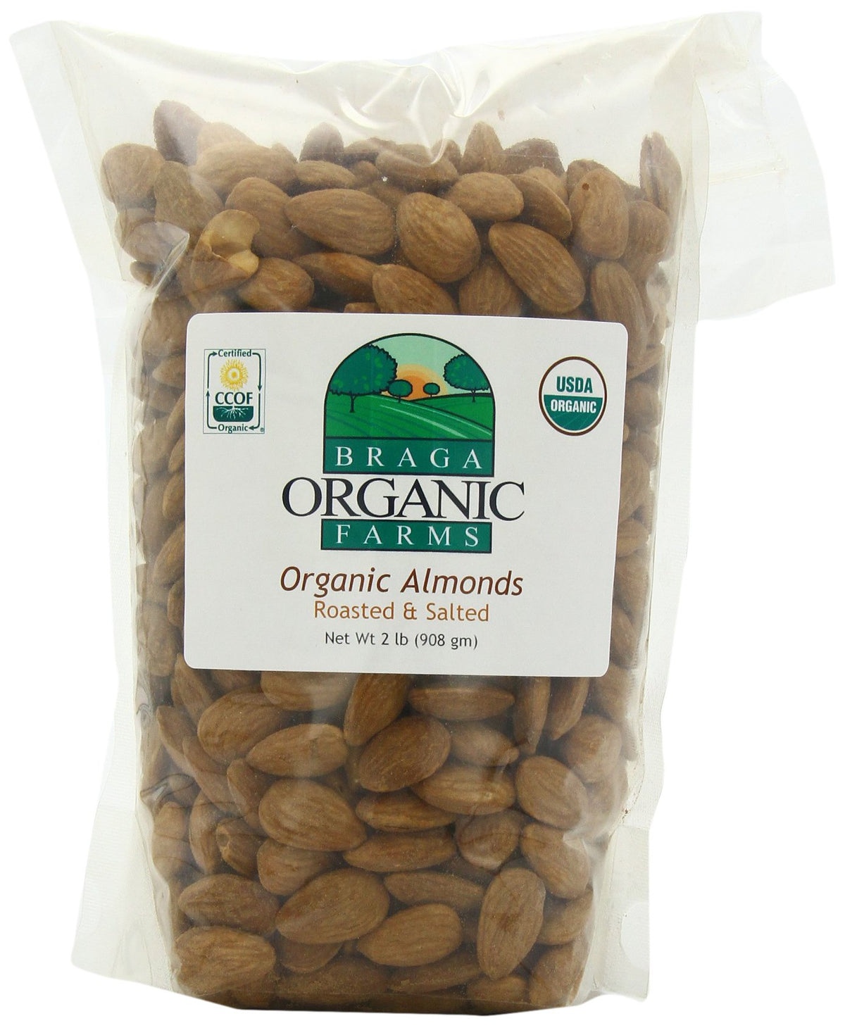 Braga Organic Farms roasted almonds in a 2 lb bag; rich taste and versatile snack.