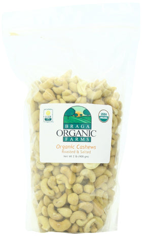 Braga Organic Farms roasted salted cashews close-up for on-the-go snacking