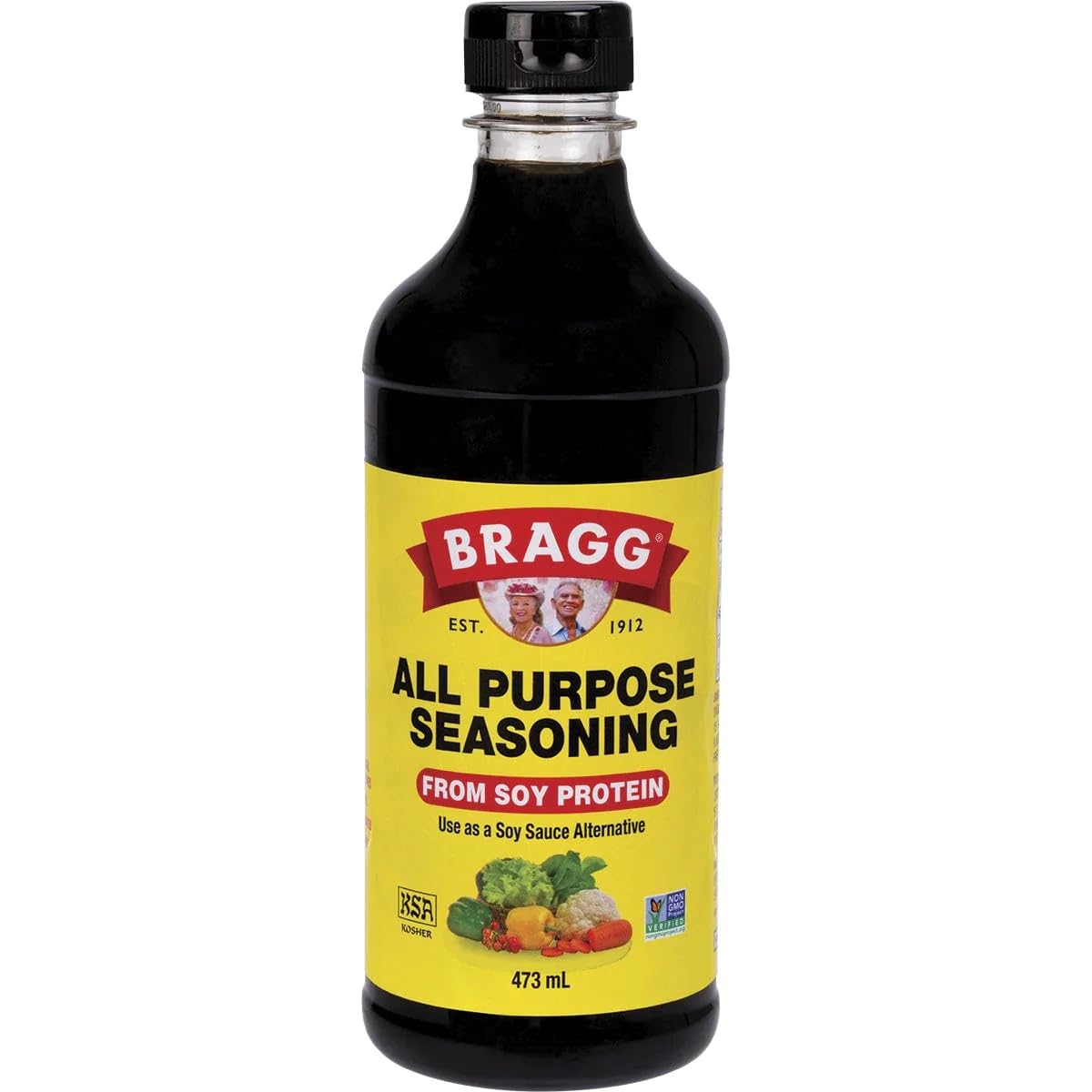 Bragg All Purpose Seasoning bottle front view, plant-based umami enhancer for vegan cooking.