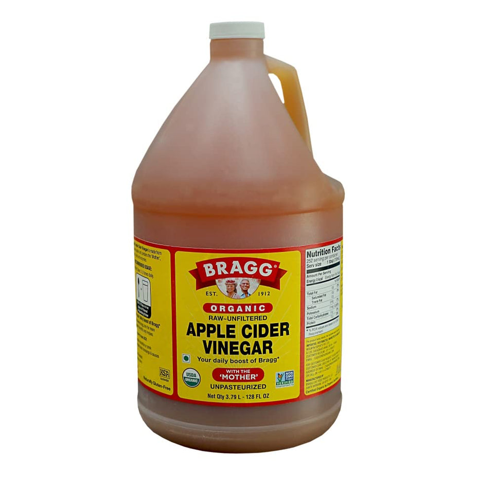 Bragg Apple Cider Vinegar bottle with the Mother, ideal for dressings and beverages.