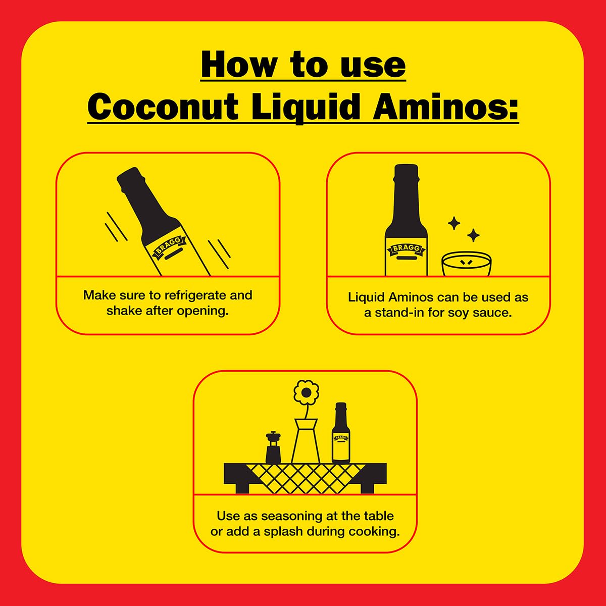 Label close-up of Bragg Coconut Aminos box highlighting organic and non-GMO