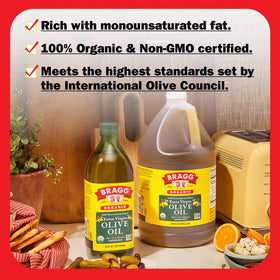 Bragg cold-pressed EVOO pour shows smooth drizzle for finishing.