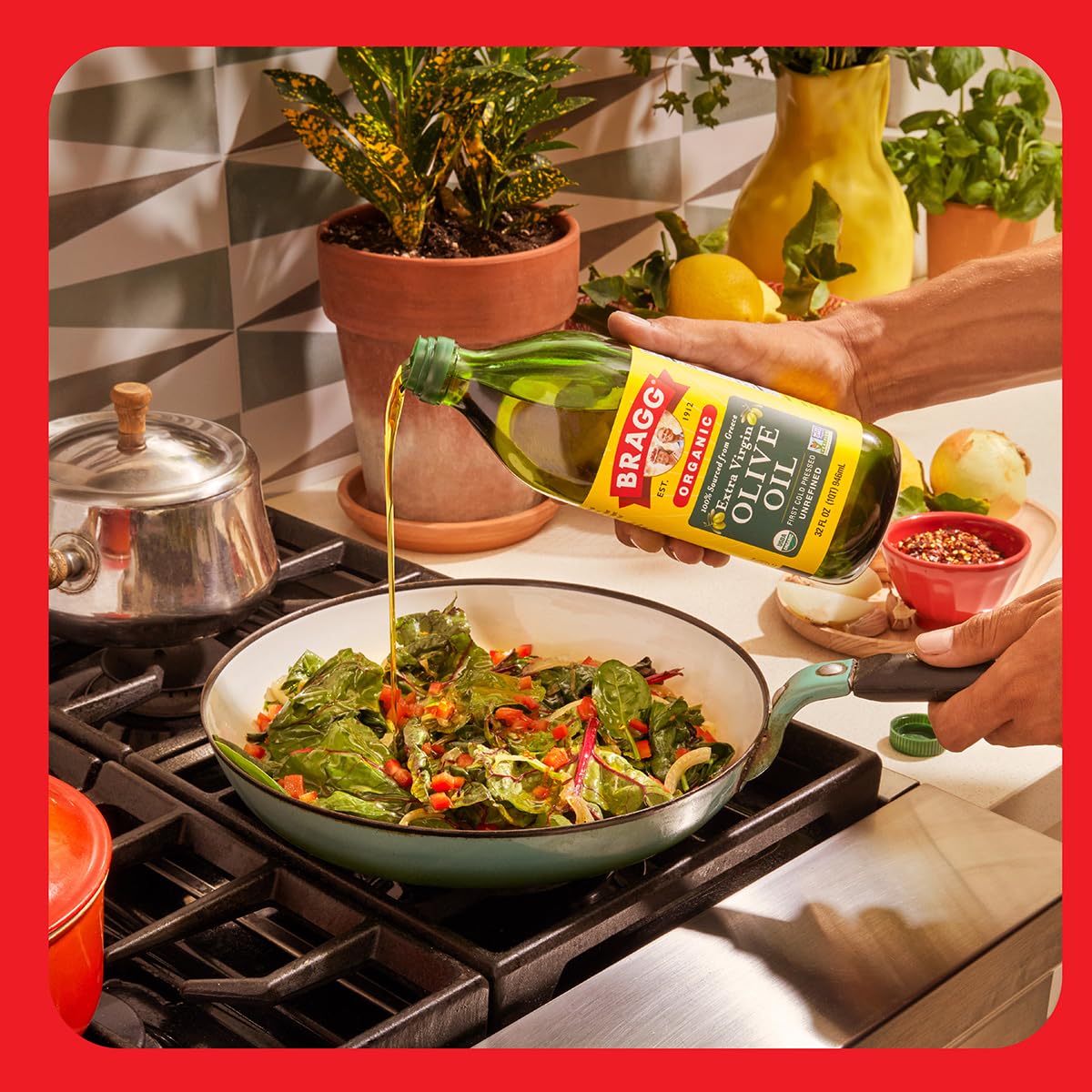 Bragg EVOO used for sautéing vegetables and pasta sauces.