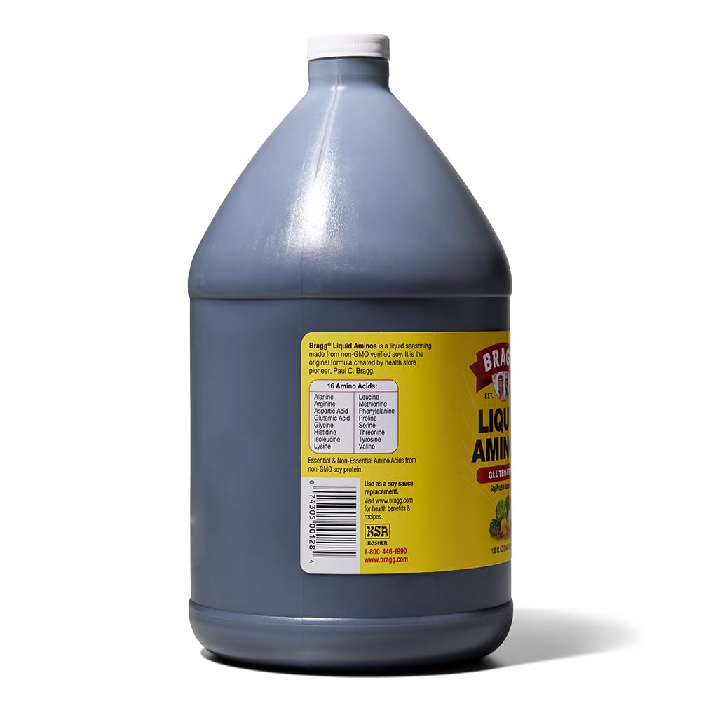 Close-up of Bragg Liquid Aminos label highlighting gluten-free and paleo notes.