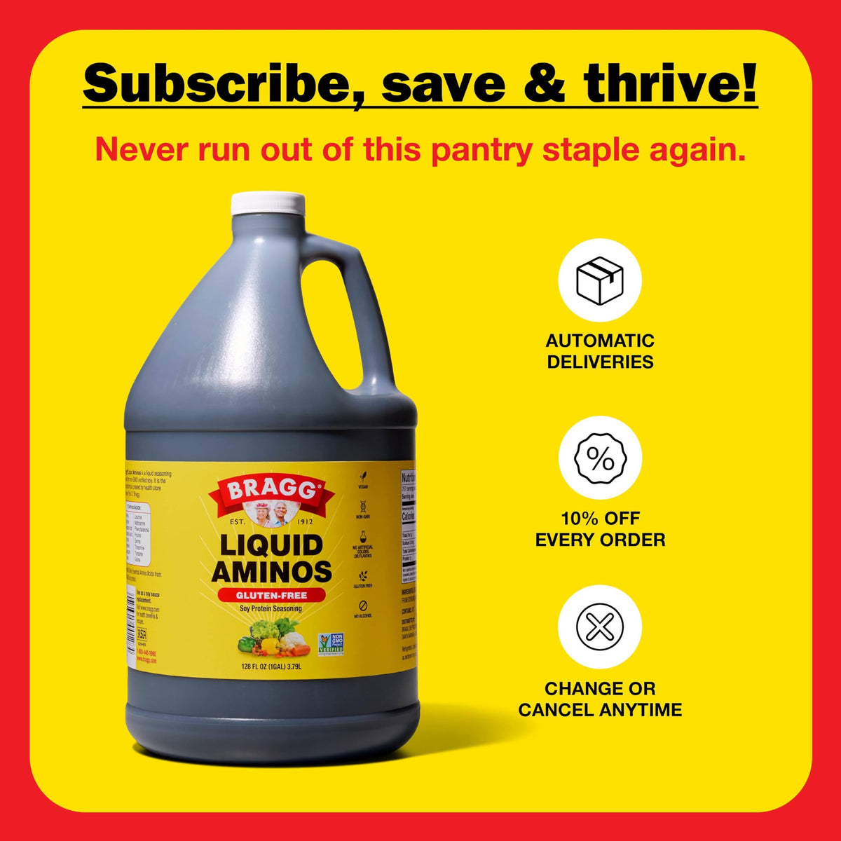 Bragg Liquid Aminos on kitchen counter, non-GMO seasoning option.