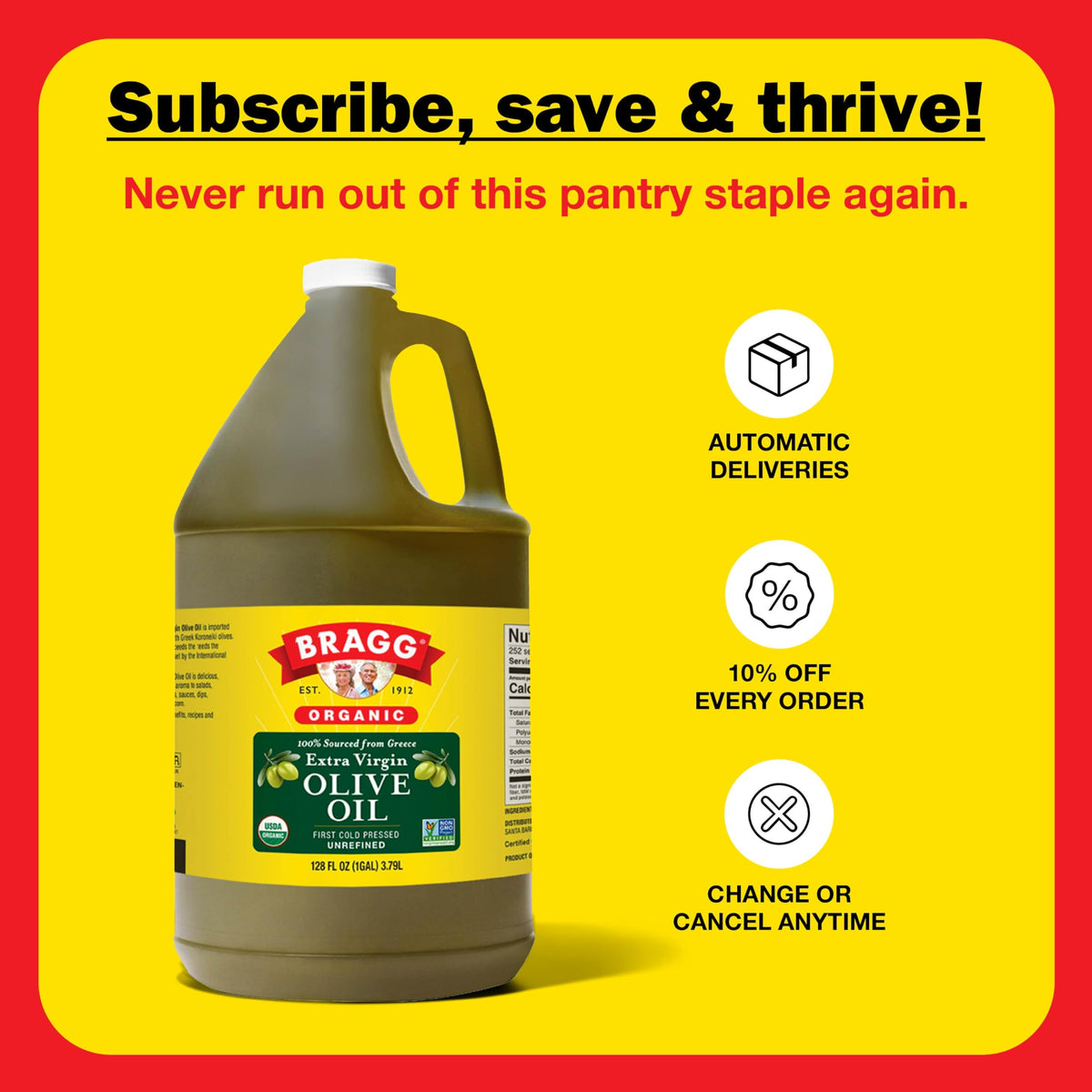 Bragg Non-GMO Kosher Organic EVOO bottle on pantry shelf.