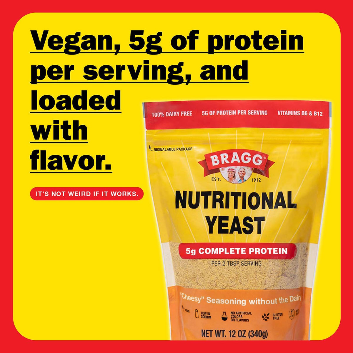 Close up Bragg yeast flakes for a dairy-free parmesan substitute.