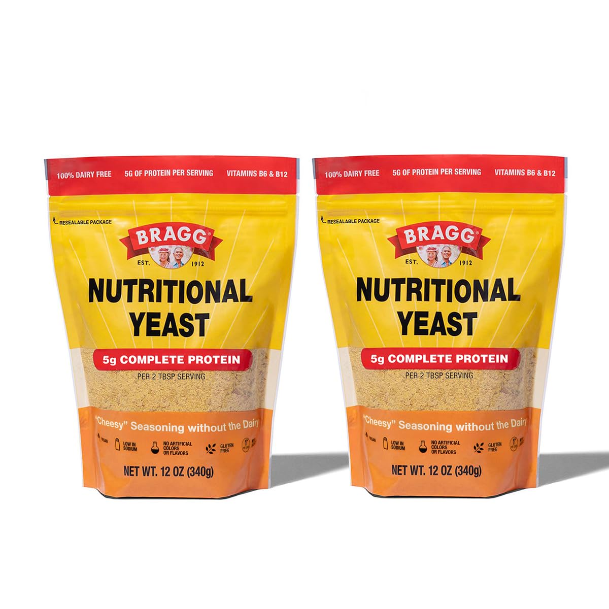 Bragg Nutritional Yeast Seasoning original 2-pack with shaker top for easy seasoning.
