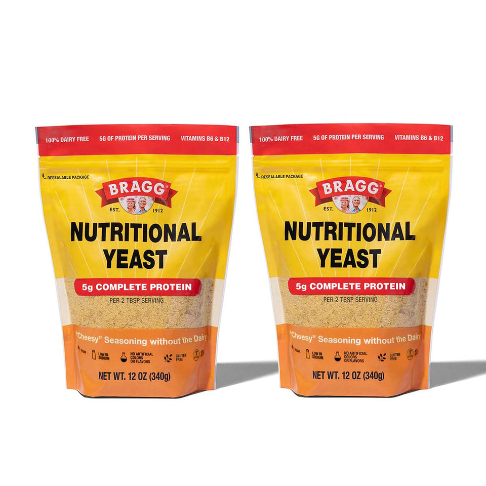 Bragg Nutritional Yeast Seasoning original 2-pack with shaker top for easy seasoning.