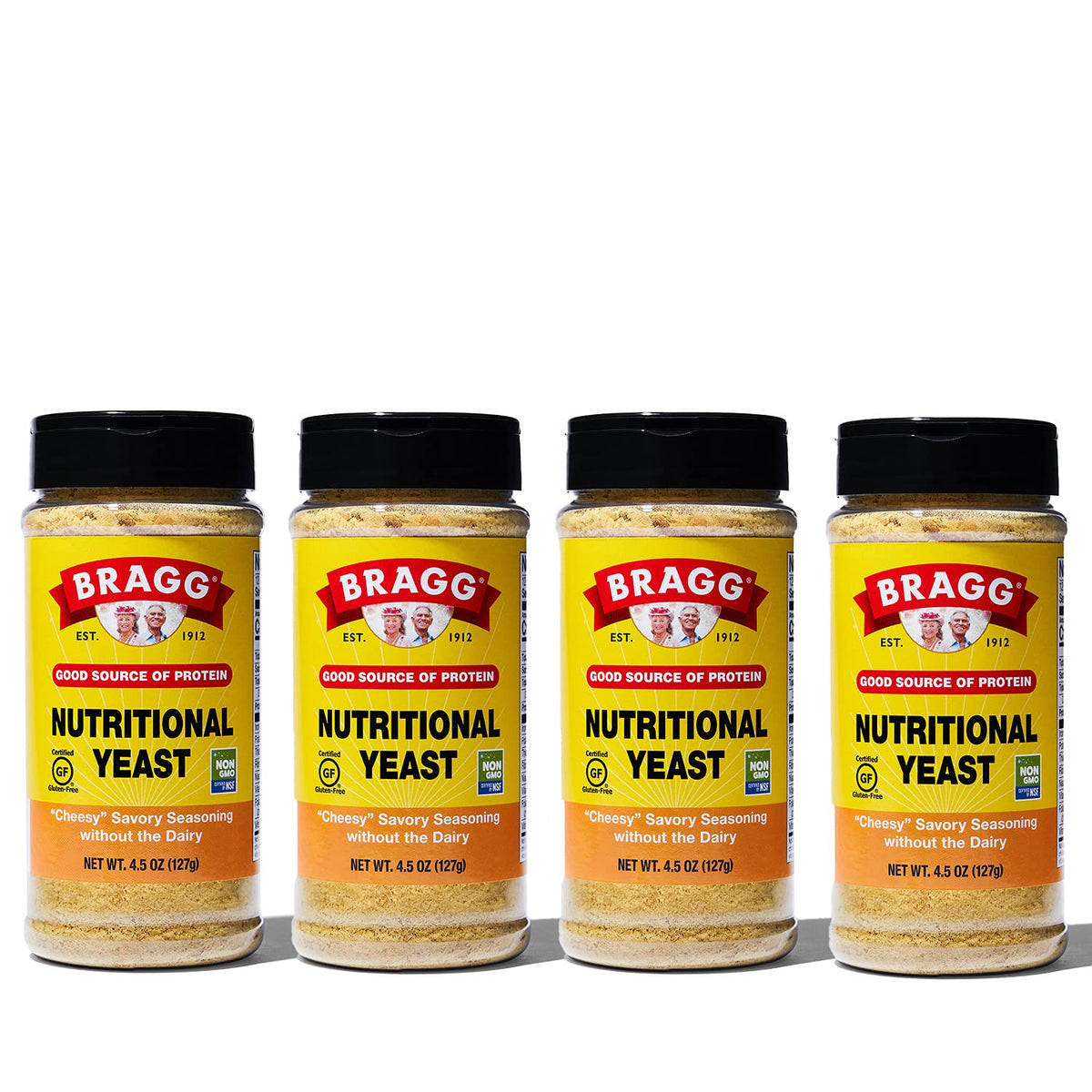 Bragg Nutritional Yeast Seasoning packaging shown, four-pack for vegan kitchens