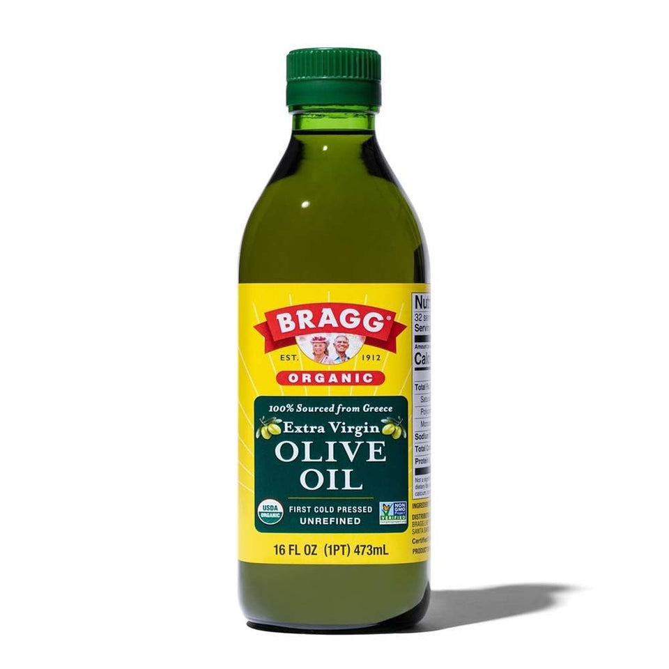 Bragg Organic Extra Virgin Olive Oil bottle pour highlights fresh flavor for salads and cooking.
