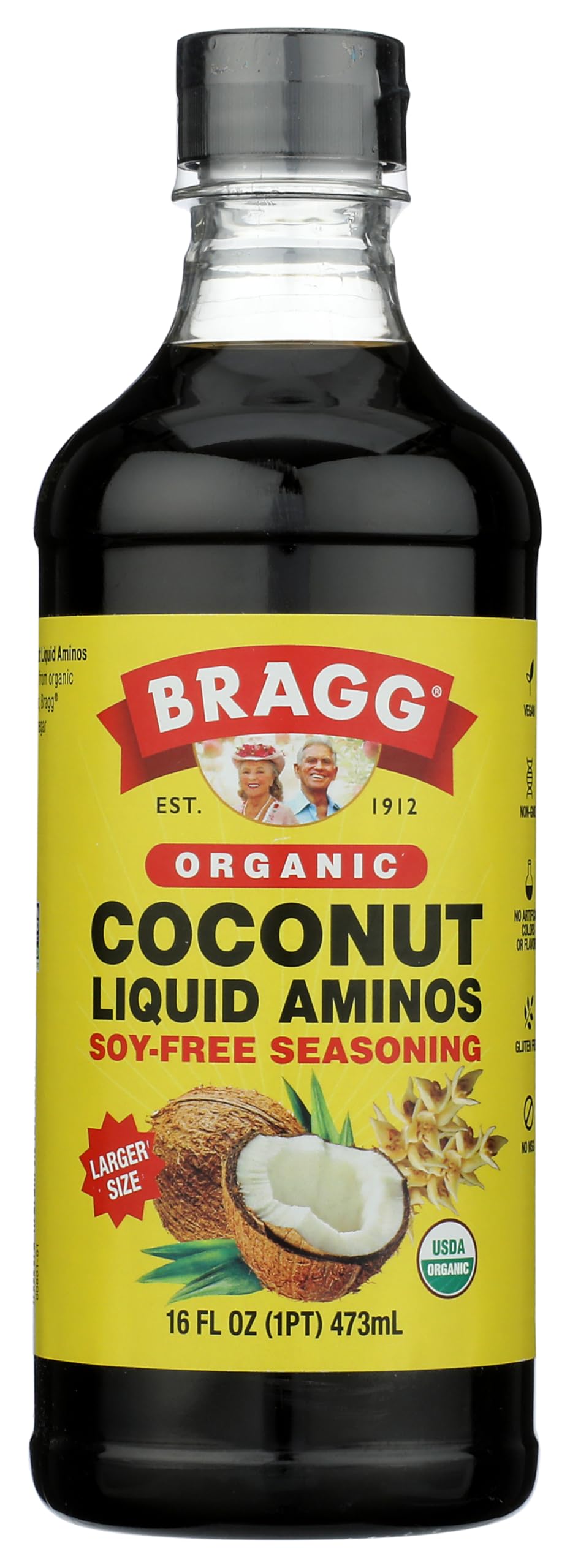 Bragg Organic Coconut Aminos 16oz bottle for soy-free umami flavor in meals