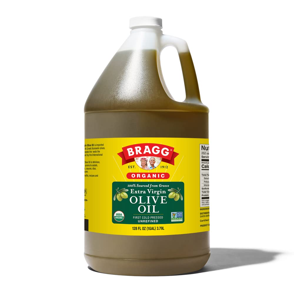 Bragg Organic EVOO bottle with golden oil, ideal for dressings.