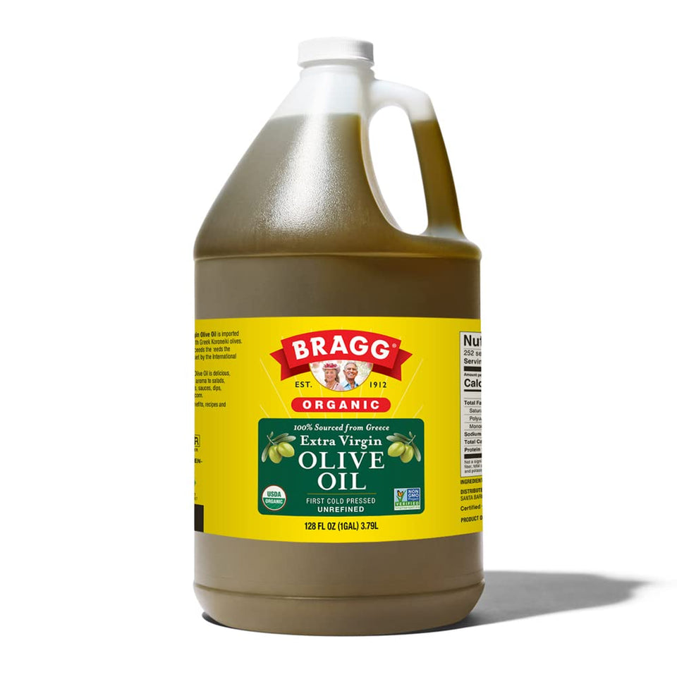 Bragg Organic EVOO bottle with golden oil, ideal for dressings.