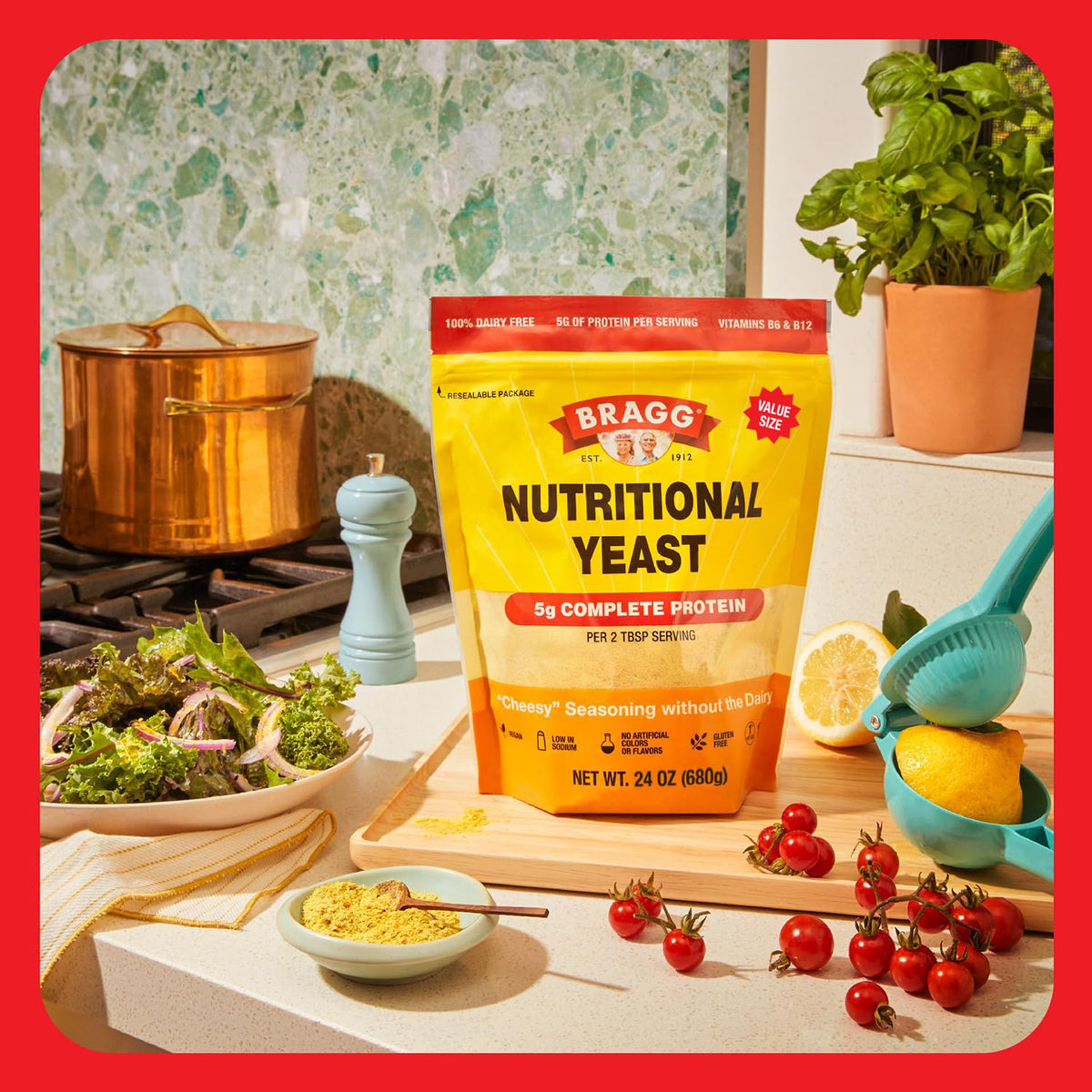 Close-up of Bragg Original Nutritional Yeast highlighting B vitamins and protein.