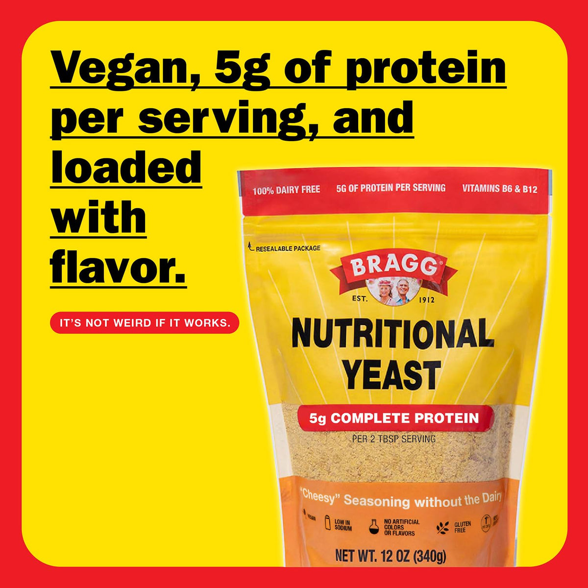 Close-up of Bragg Premium Nutritional Yeast Seasoning dispenser dusting pasta.