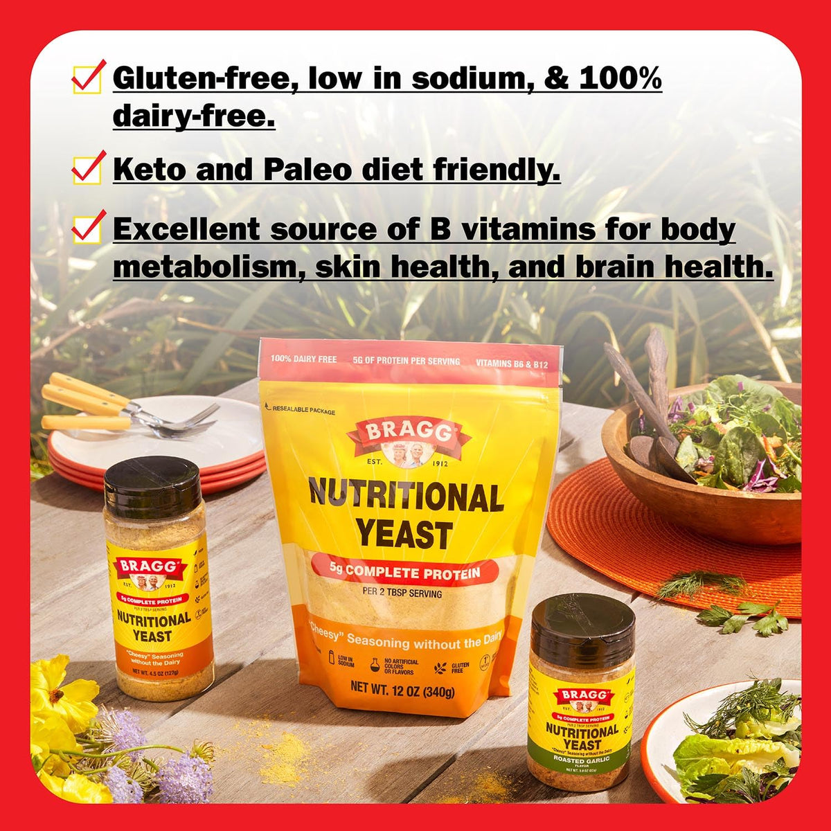 Bragg Premium Nutritional Yeast Seasoning dusting onto pasta for extra savor.