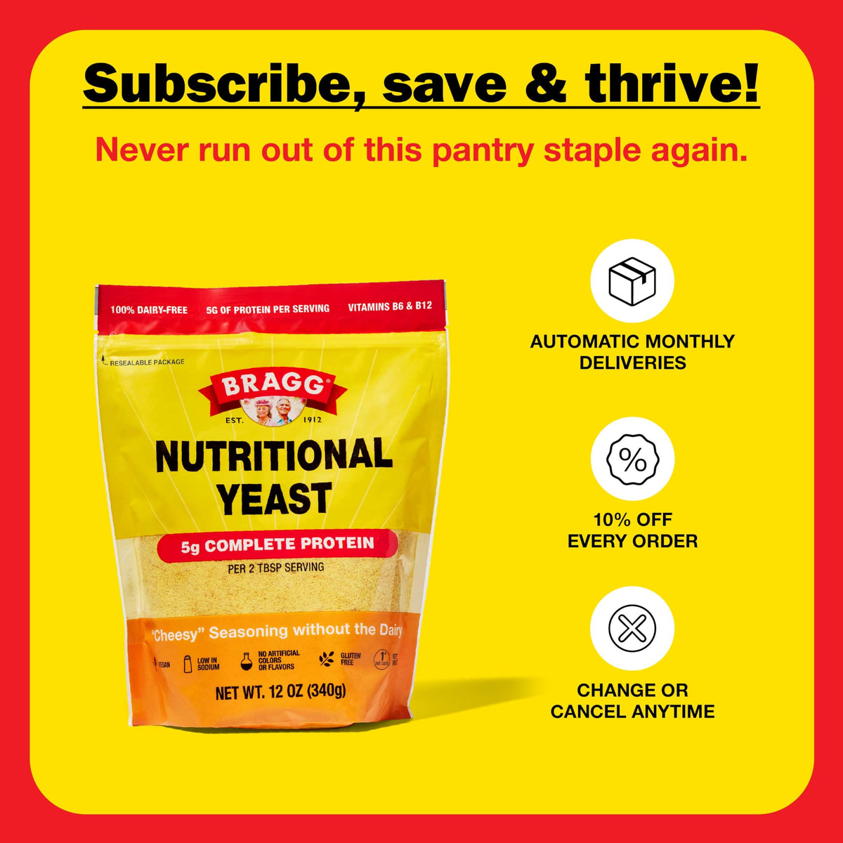 Kitchen scene with Bragg Premium Nutritional Yeast Seasoning used to flavor meals.