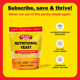 Kitchen scene with Bragg Premium Nutritional Yeast Seasoning used to flavor meals.