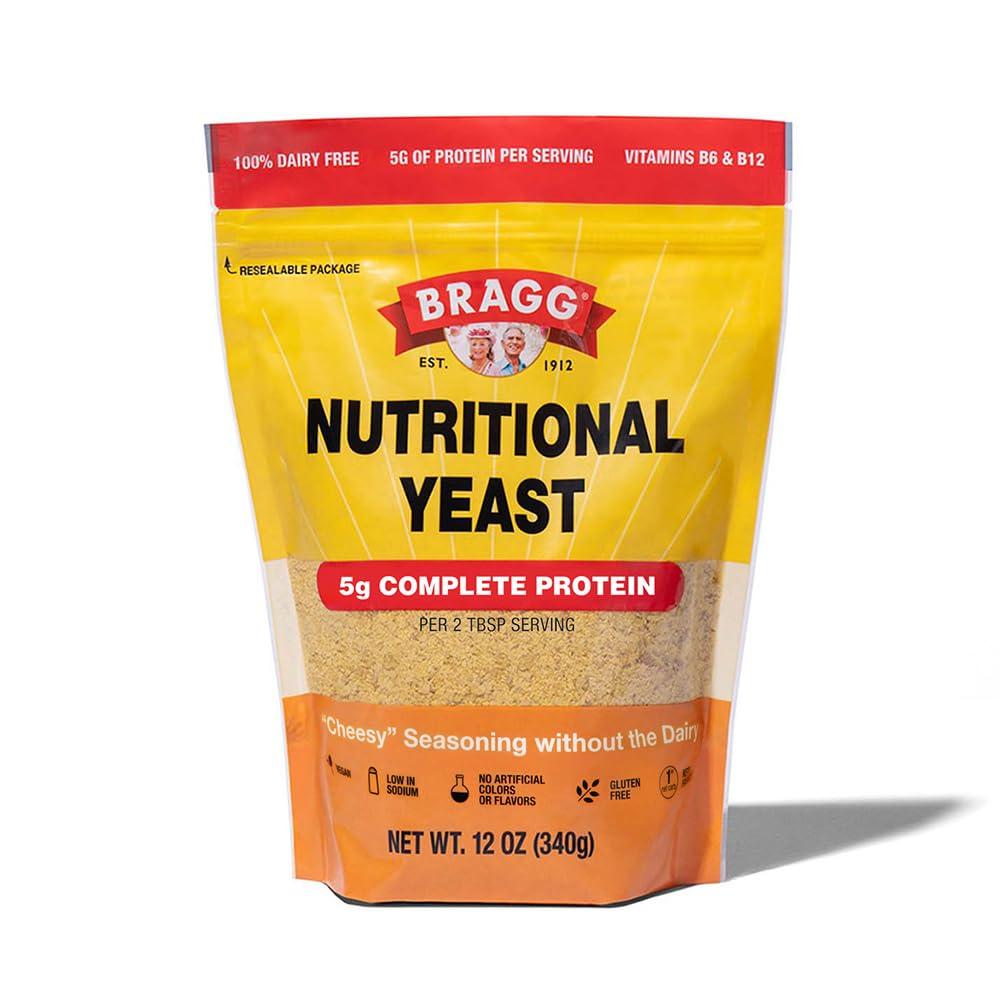 Bragg Premium Nutritional Yeast Seasoning bottle for flavorful vegan parmesan substitute.