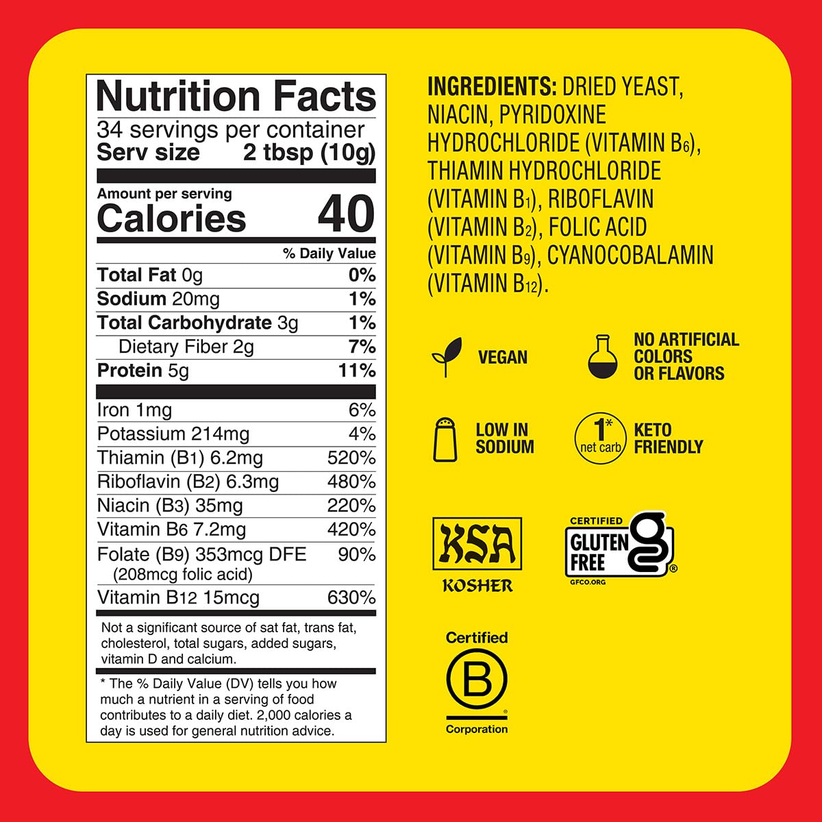 Packaging close-up of Bragg Premium Nutritional Yeast Seasoning highlighting gluten-free, vegan attributes.