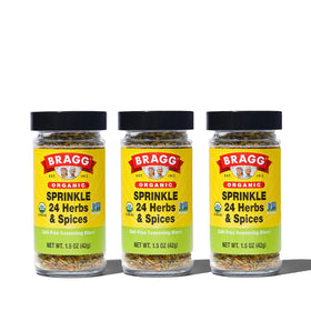 Bragg Sprinkle Herbs and Spices Seasoning jar boosts vegetables with a balanced blend.
