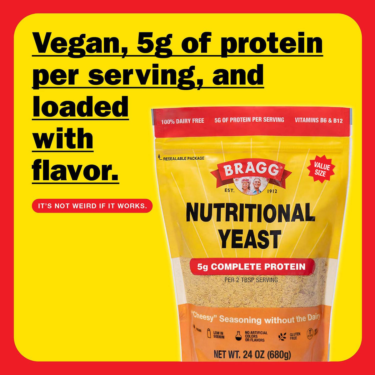 Bragg vegan, dairy-free, gluten-free seasoning bottle on a kitchen counter.