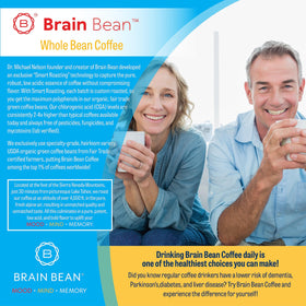 Brain Bean organic coffee shown in fresh brew setup highlighting premium USDA Organic beans.