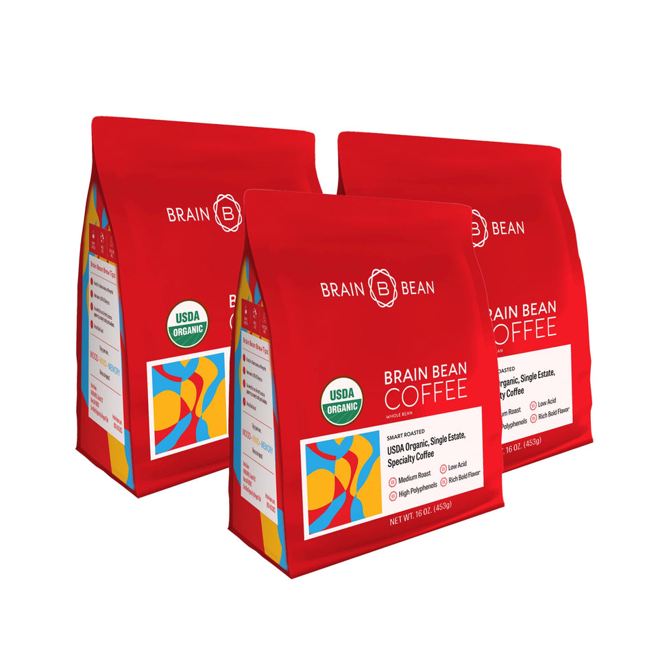 Brain Bean whole-bean coffee delivers a smooth pour for a balanced morning brew.