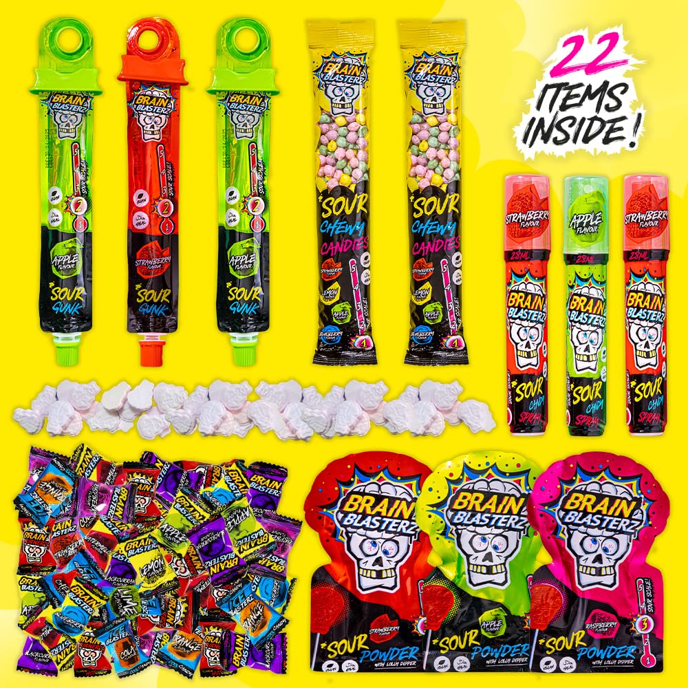 Brain Blasterz 22-piece collection showing diverse candy mix for gifting.