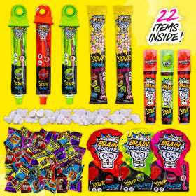 Brain Blasterz 22-piece collection showing diverse candy mix for gifting.