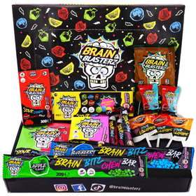 Brain Blasterz sour candy box display with vibrant treats for parties.