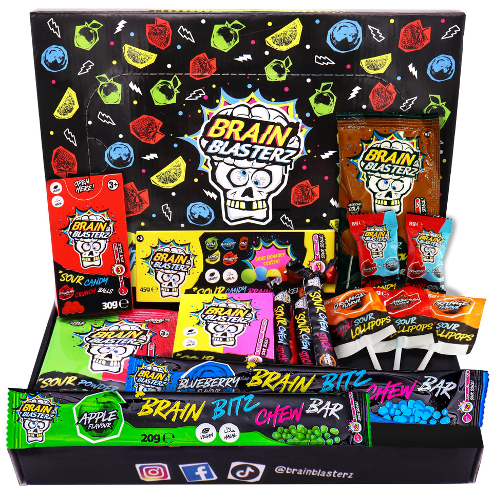 Brain Blasterz sour candy box display with vibrant treats for parties.