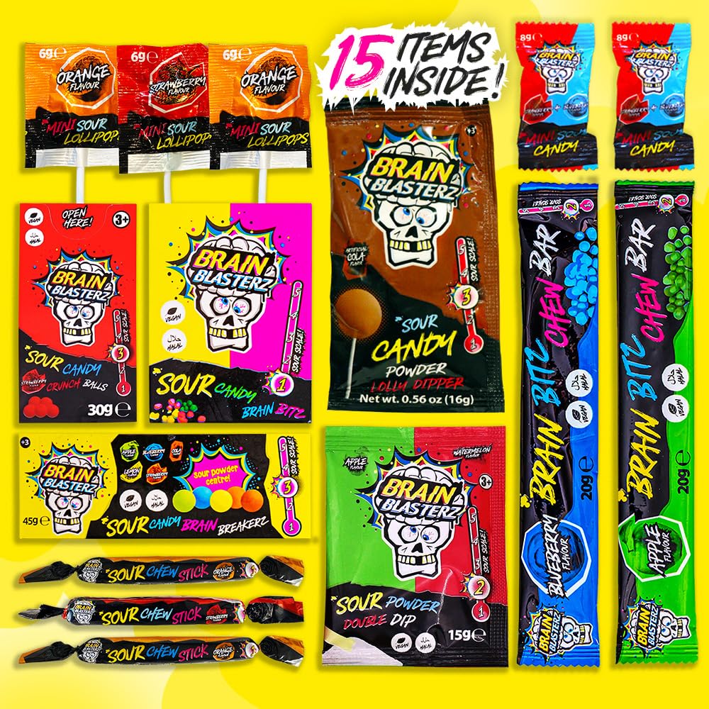 Brain Blasterz sour candy lollipops offering bold flavors in convenient wrappers.