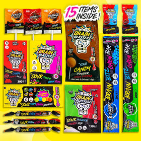 Brain Blasterz sour candy lollipops offering bold flavors in convenient wrappers.
