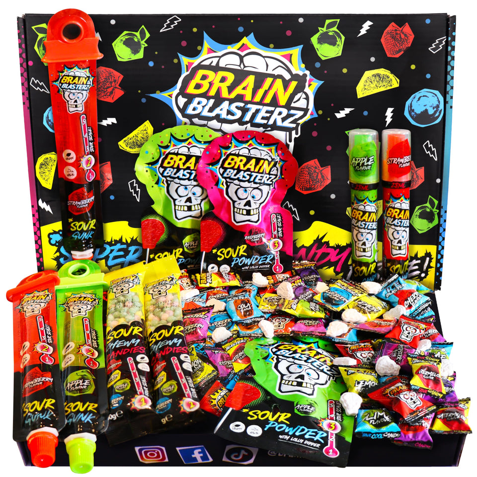 Brain Blasterz sour candy variety box for bold flavors and sharing at parties.