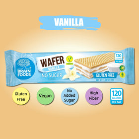 Brain Foods Vanilla Wafers ingredients, showcasing no added sugar and high fiber.