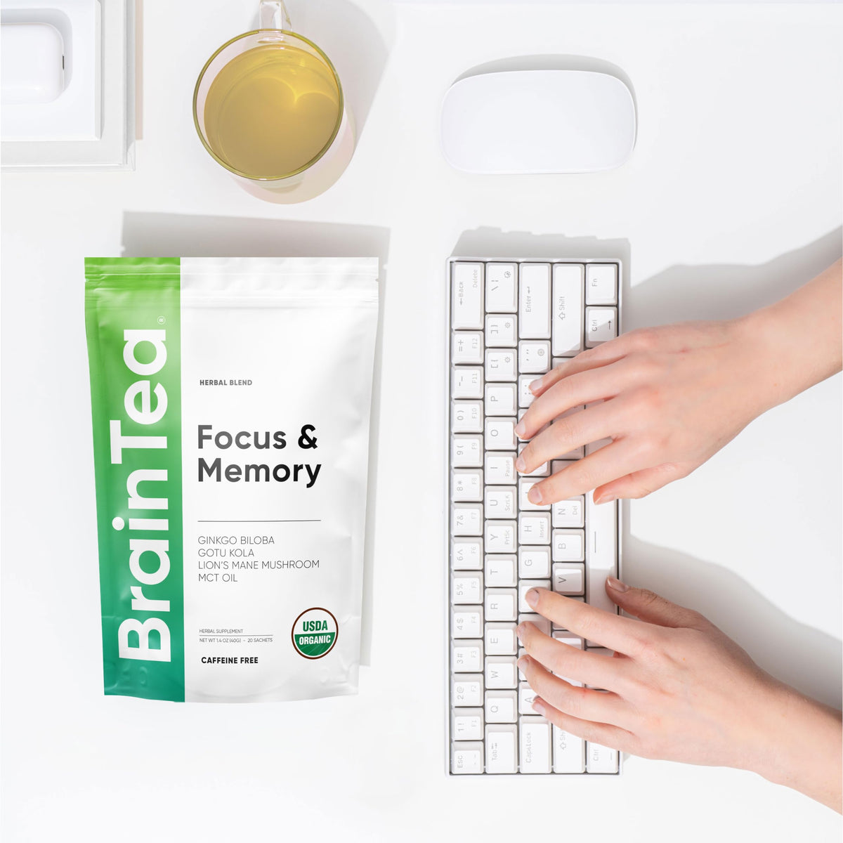 Brain Tea 4-in-1 box and sachets showcase a comprehensive cognitive wellness option