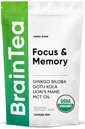 Brain Tea Focus & Memory sachets in box for convenient focus support