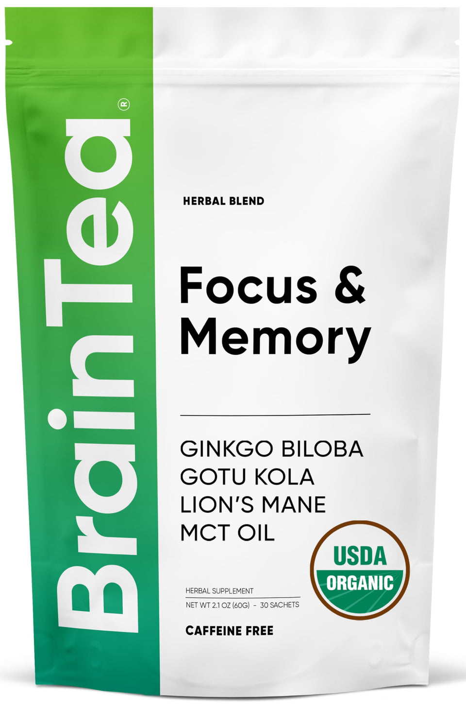 Brain Tea Focus & Memory sachets in box for convenient focus support