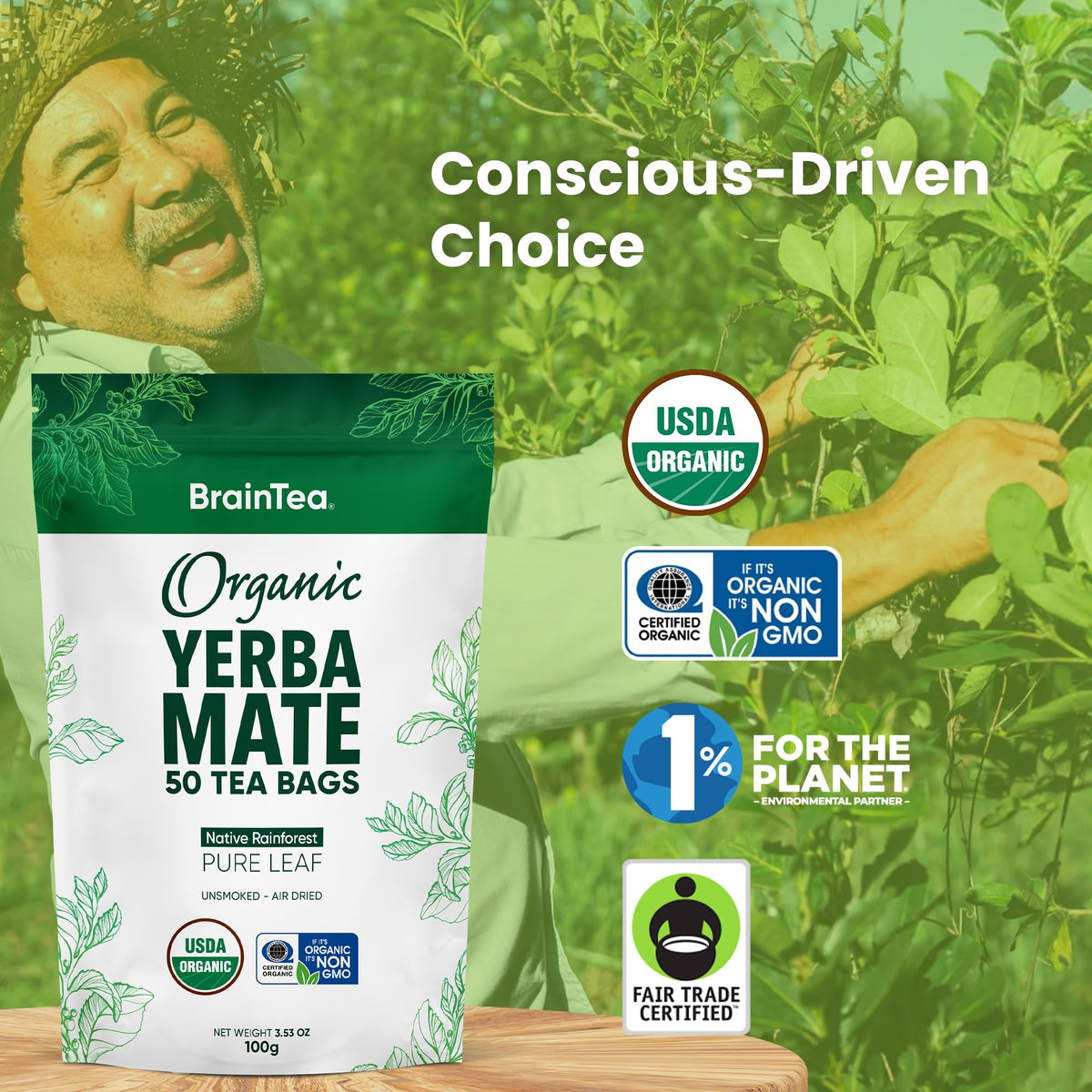 Brain Tea yerba mate leaves from native rainforest, shade-grown for richer aroma.