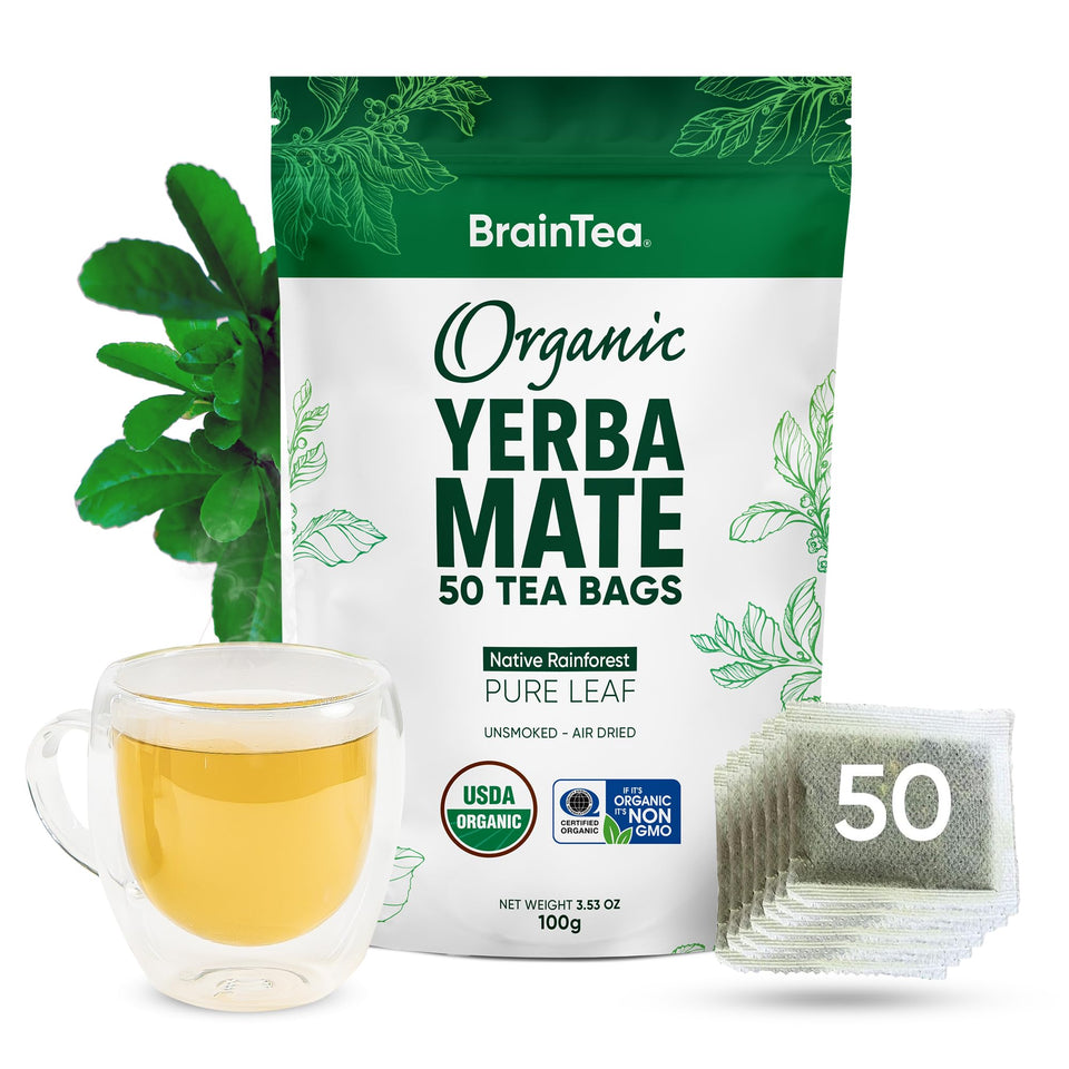Brain Tea Yerba Mate tea bags ready for an energizing morning ritual.