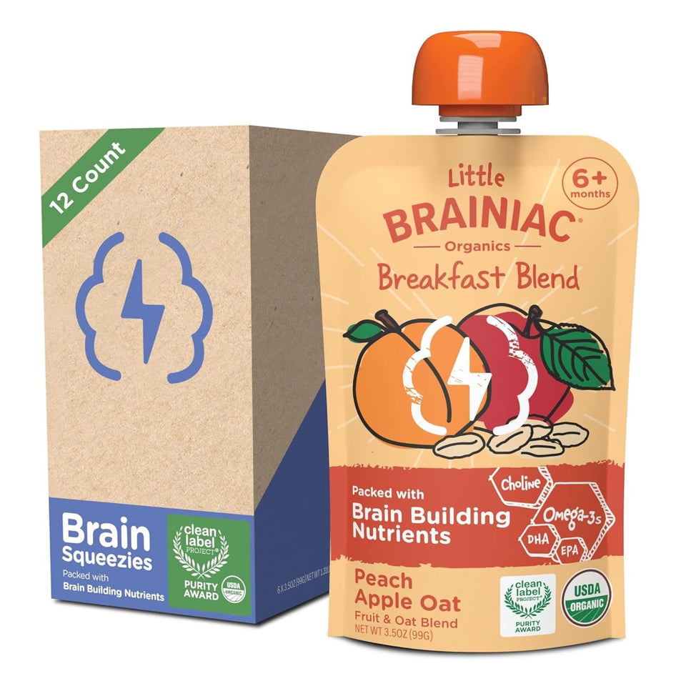 Brainiac Little Brainiac Breakfast Blend pouch with peach-apple oat puree.