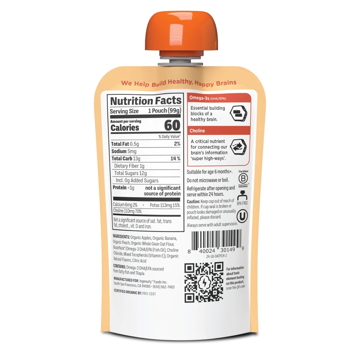 Brainiac pouch organic ingredients label highlighted for trust.