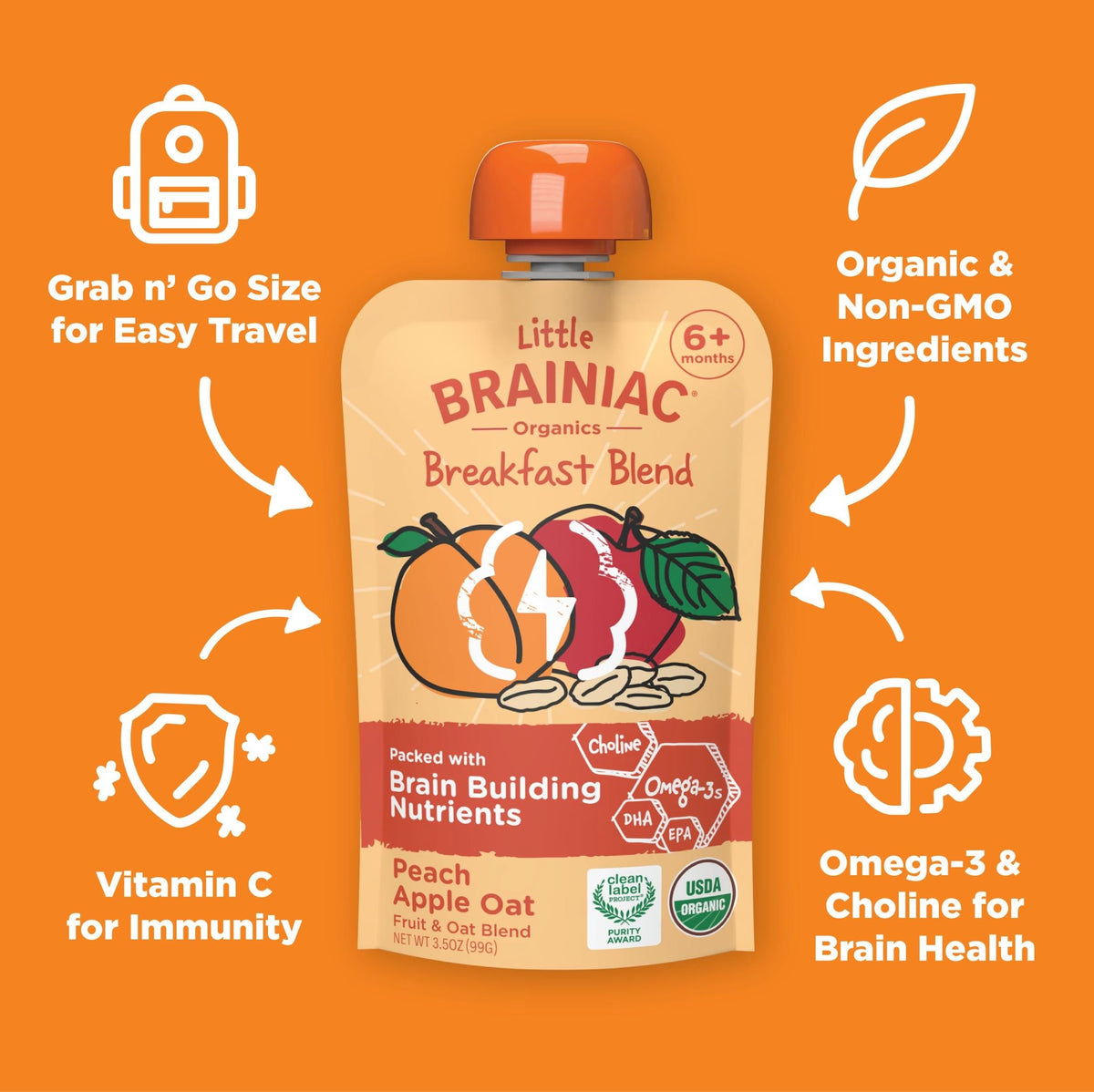 Brainiac pouch texture close-up of smooth fruit-oat puree.