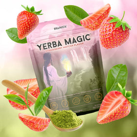 Brainista Yerba Magic label closeup highlights low sugar and clean ingredients.