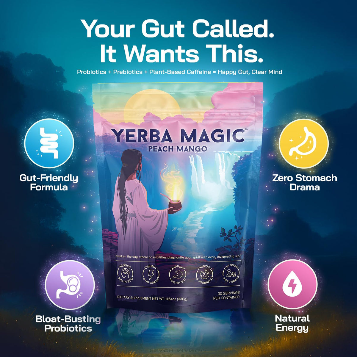 Brainista Yerba Magic nutrition label highlights clean ingredients and low sugar.