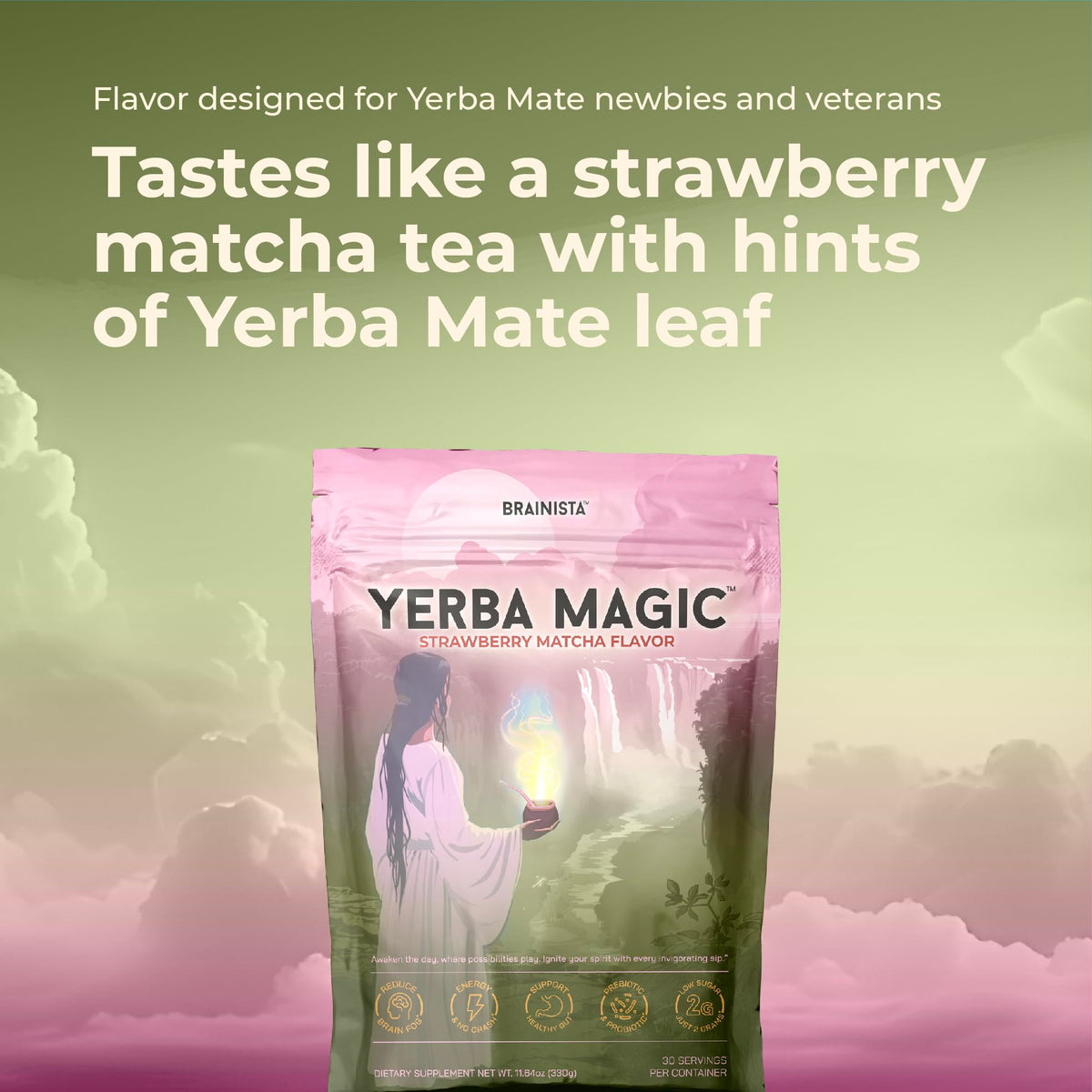 Brainista Yerba Magic nutrition panel shot communicates caffeine from natural sources.